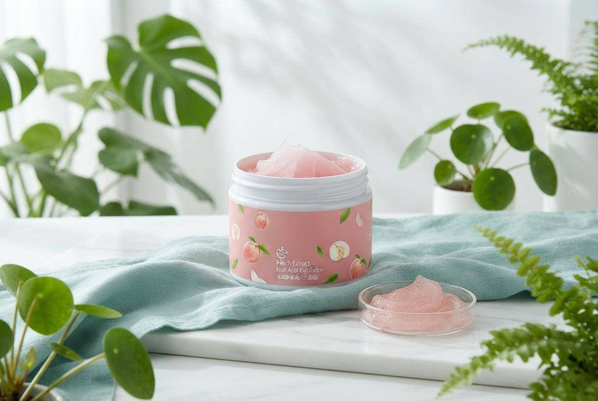 A jar of peach extract exfoliating gel on a marble surface with teal linen and plants in a bright, modern setting.